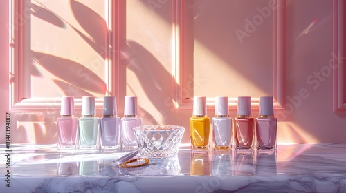 Pastel Nail Polish Bottles Arranged On Pink Marble Counter
