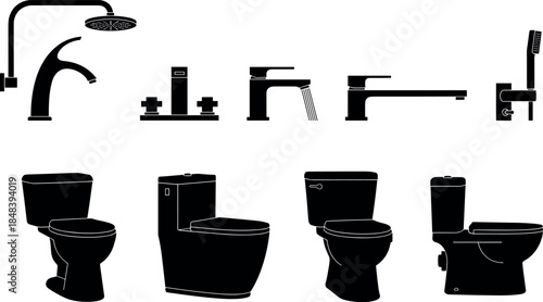Modern black bathroom plumbing fixtures set, toilet sink faucet shower icons isolated on white background vector illustration