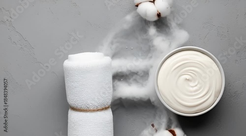 Cotton roll and flowers on gray surface