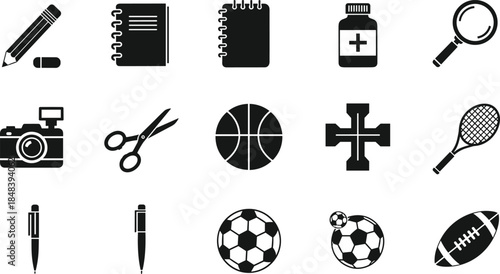 Black minimalist icon set featuring pencil notebook medicine camera scissors basketball tennis soccer football and school sports equipment vector collection.