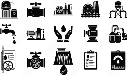 Black industrial water icon set featuring faucets pipes valves water towers dams pumps and conservation symbols for plumbing and engineering design.