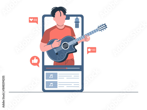 A man performs music in a virtual event or live online broadcast. Generation Z vector illustration. Flat illustration concept.