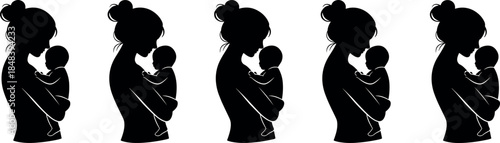 Mother holding baby silhouette illustration symbolizing motherhood love care bonding parenting tenderness protection isolated black vector design