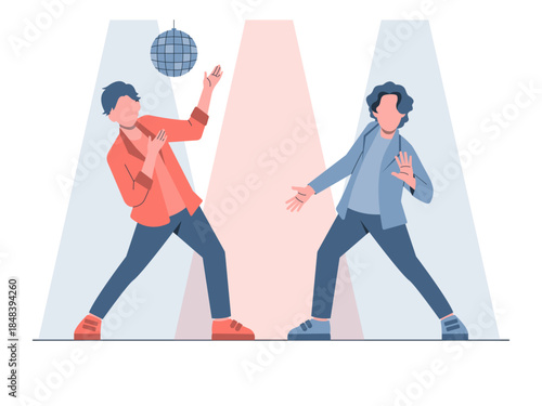 Two men dancing in a club or at a party. Generation Z vector illustration. Flat illustration concept.