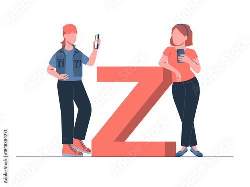 Two Generation Z people are holding their cell phones and using social media. Generation Z vector illustration. Flat illustration concept.