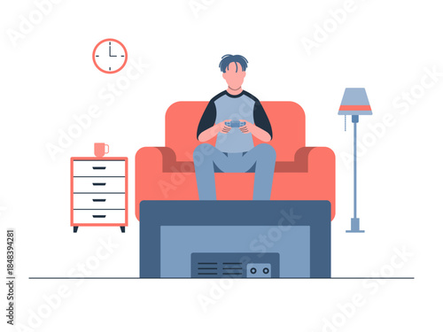 Man playing video game on couch. Generation Z vector illustration. Flat illustration concept.