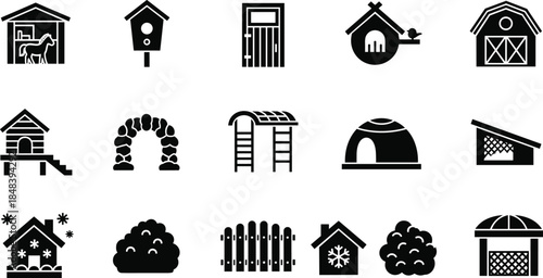 Black outdoor icon set featuring barn horse stable birdhouse igloo dog house fence and garden structures for farm and architecture design.