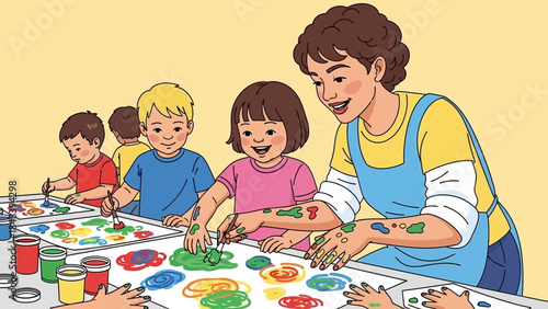Children and teacher enjoy a vibrant painting art class, fostering creativity and hands-on learning.