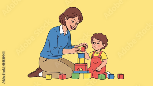 Mother and child building with colorful blocks, a scene of learning and bonding during playtime