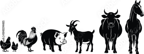 Black vector silhouette set of farm animals, including chicken, rooster, pig, goat, cow, and horse, isolated on a white background for design elements.