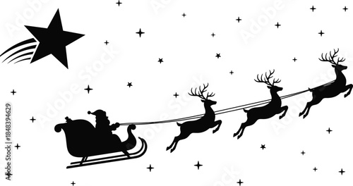 Christmas vector silhouette featuring Santa Claus in a reindeer sleigh flying across a starry night sky with a shooting star.