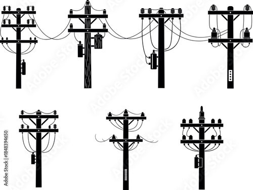 Silhouettes of diverse utility poles with transformers, insulators, and power lines – flavector