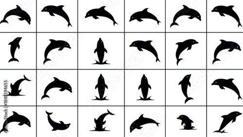 Silhouettes of dolphins in varied swimming and leaping poses, marine motion grid – flavector