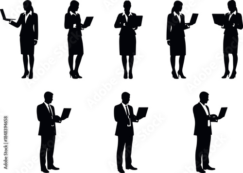Silhouettes of eight business professionals using laptops in formal attire for office theme – flavector