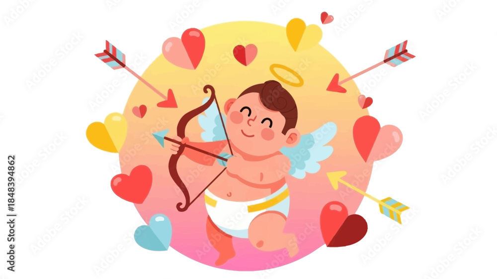 Obraz premium Charming Cupid with bow and arrow surrounded by hearts