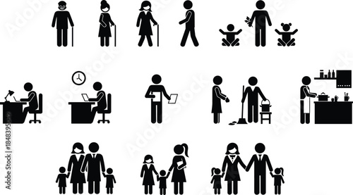Family life cycle vector silhouette collection featuring elderly people, parents, children, office work, house cleaning, cooking, and daily routine pictograms.