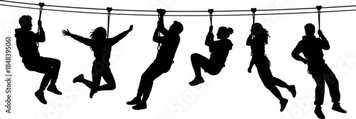 Silhouettes of people hanging from bar, playful poses, climbing motion, recreation, teamwork, black vector, flavector