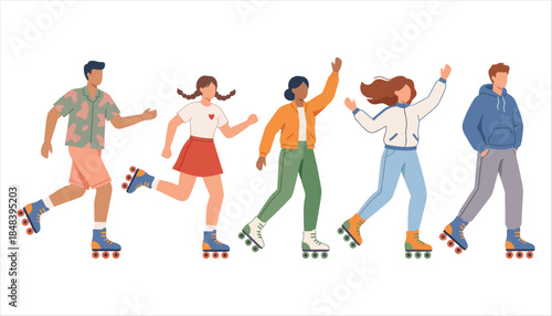 Diverse group of five people of various genders and ethnicities enjoying roller skating together depicted in a stylized flat illustration against a plain white background
