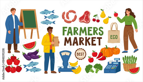 Diverse collection of farm fresh produce seafood and goods displayed around Farmers Market text featuring people weighing scales and shopping bags vegetables fruits healthy eating