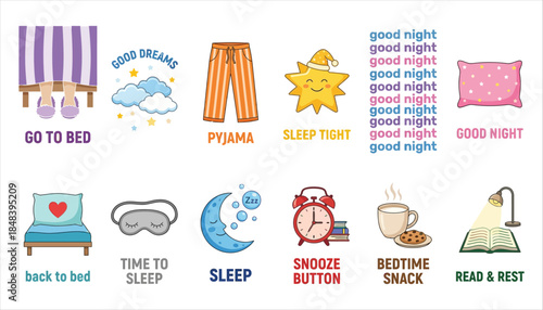 A collection of cartoon illustrations depicting bedtime activities including feet in slippers pyjamas sleeping star pillow moon alarm clock bedtime snack and reading a book