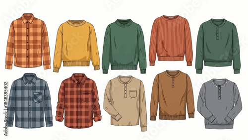 Collection of various mens long-sleeve shirts and sweaters in different colors and patterns.