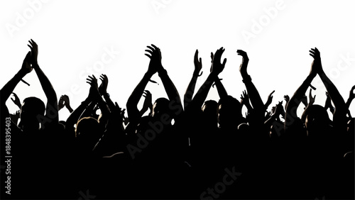 Crowd of people cheering and clapping with hands raised in silhouette.