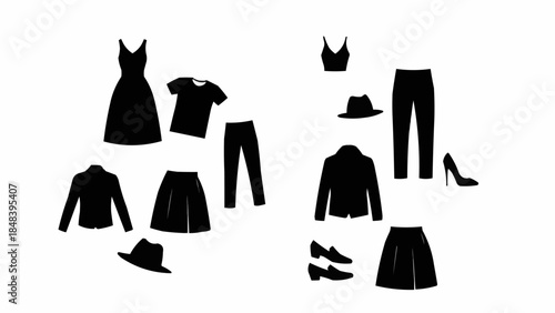 Collection of various black silhouette clothing items and accessories.