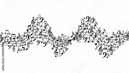 Abstract musical notes flowing in a wavy pattern.