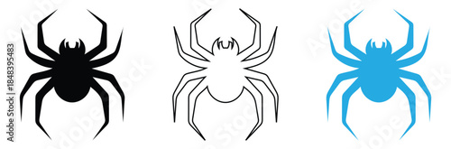 Spider silhouettes in black, white, and blue on white background,Spider silhouette. Halloween scary spider decoration. Arachnid, widow, tarantula spider logo icon.Spider icons set. 