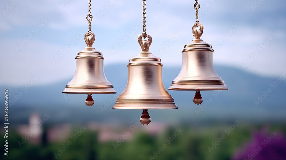 Obraz premium Three Elegant Golden Bells Hanging Against a Soft Blurred Nature Background with Gentle Bokeh Effect and Scenic Mountain View
