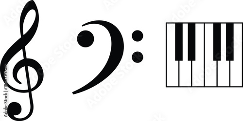 Music theory vector collection featuring black and white silhouettes of a treble clef, bass clef, and a piano keyboard section.