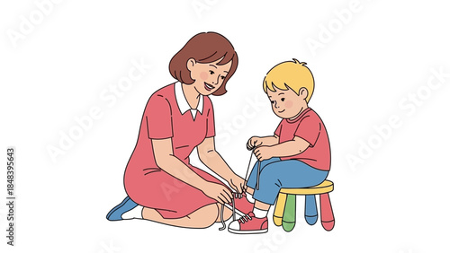 Mother teaches her son how to tie shoelaces on his red sneakers sitting on a colorful stool