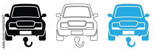 Cars with tow hitches in black, white, and blue,Towing truck service icon isolated on white background.Towing truck icon, vector isolated tow truck illustration.