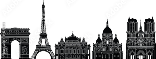 Paris France landmark silhouette collection featuring Eiffel Tower, Arc de Triomphe, Notre Dame Cathedral, Sacre Coeur Basilica, and Palais Garnier Opera.