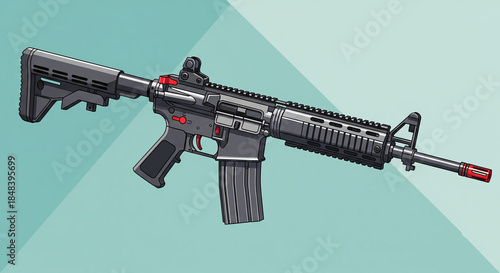 Detailed Vector Illustration of a Tactical Assault Rifle with Red Muzzle Tip, M4 Style Carbine Gun Graphic on Split Background