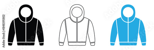 Hoodie sweatshirts in black, line art, and blue colors,hoodie icon on white background,Vector silhouette of hooded sweatshirt isolated