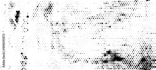 Hexagon halftone gradient texture. Abstract black white hex grunge background. Geometric retro tech wallpaper. Fading wavy hexagonal pattern backdrop. Vector vanishing honeycomb grunge overlay