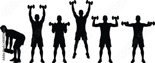 Fitness workout silhouettes sequence, men exercising with dumbbells, strength training routine, bodybuilding, gym exercises, health, power, active lifestyle