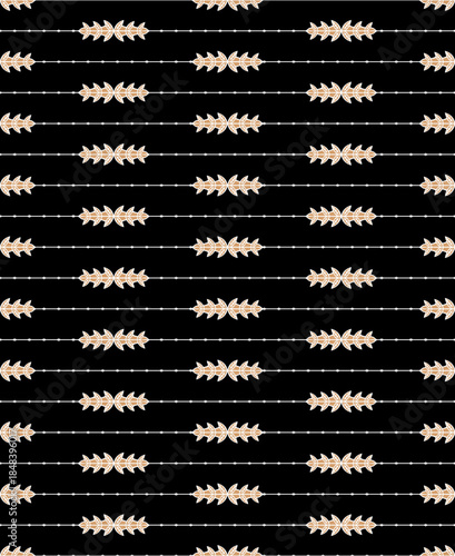 Seamless decorative pattern with golden leaves and thin horizontal lines on a black background, ideal for textiles, wallpaper, wrapping paper, branding, and elegant surface design.