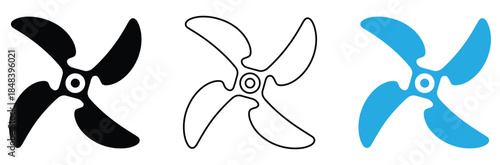 Propeller icons in black, outline, and blue for design projects.fan icon vector,propeller icon set. flat design fan propellers vector isolated on white background.