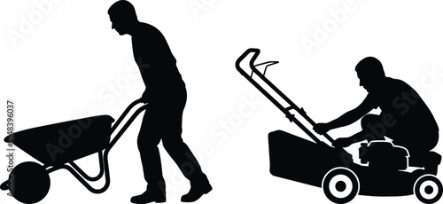Garden work silhouette concept, man pushing wheelbarrow and mowing lawn, landscaping, outdoor labor, gardening tools, home maintenance lifestyle