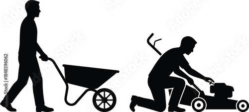 Garden maintenance silhouette scene, man pushing wheelbarrow and repairing lawn mower, outdoor work, landscaping, home improvement lifestyle
