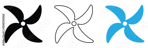 Propeller icons in black, outline, and blue for design projects.fan icon vector,propeller icon set. flat design fan propellers vector isolated on white background.