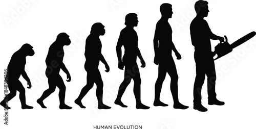 Human evolution silhouette timeline, ape to modern man with chainsaw, progress, technology impact, industry, development, history, lifestyle concept