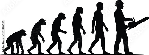 Human evolution silhouette with technology, ape to modern industrial worker using chainsaw, progress, labor, development, industry, history, lifestyle concept