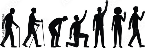Human life journey silhouette sequence, aging process and recovery stages, struggle, strength, hope, resilience, growth, rehabilitation, lifestyle concept