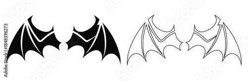 Bat wings in black and white on white background.Bat wings silhouette vector flat illustration design.bat wing icon vector outline symbol or illustration