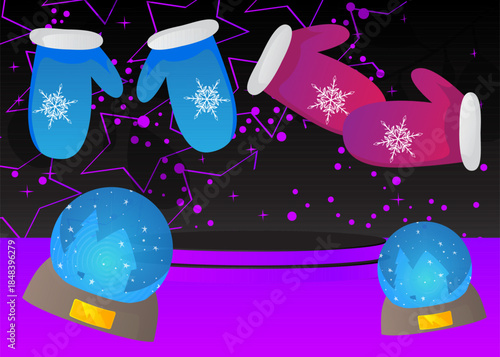 Mockup product display with Mitten Glove and Snow Globe. Vector cylinder pedestal podium. Stage showcase for presentation. Minimal geometric forms.
