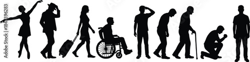 Human life stages silhouette sequence, people aging from childhood to old age, lifestyle evolution, disability, growth, journey, time concept