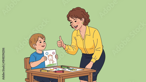 Young child proudly displays artwork while teacher gives a thumbs up in appreciation
